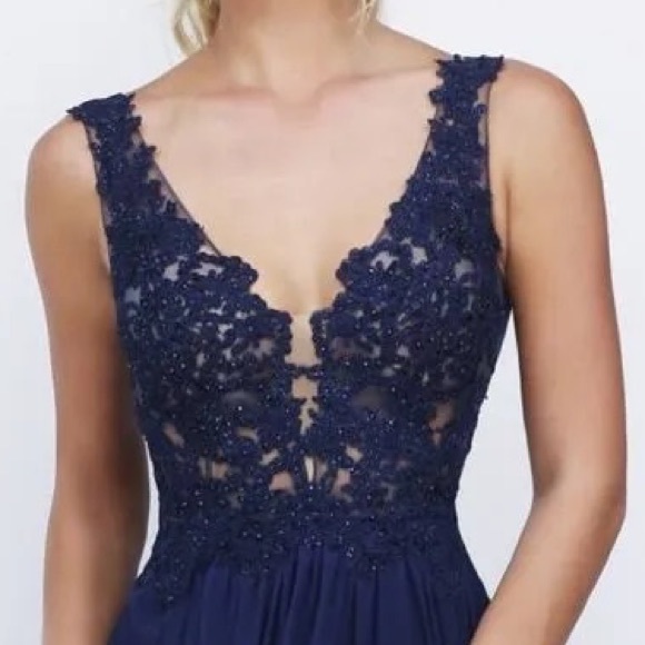 NWT Gorgeous V-Neck Embroidered Bodice Chiffon Prom Dress Long Gown Navy Sz 2 - Picture 4 of 14